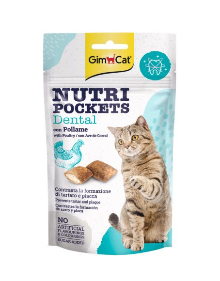 Snack GimCat Nutri Pockets Dental 60 g con ripieno al pollame per gatti, con cellulosa contro placca e tartaro Snack GimCat Nutri Pockets Dental 60 g con ripieno al pollame per gatti, con cellulosa contro placca e tartaro
